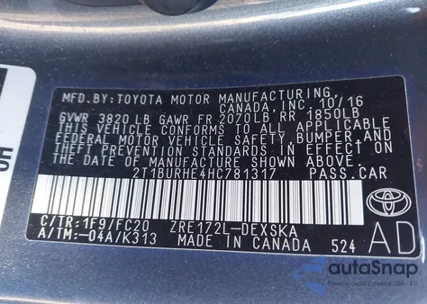 2017 Toyota Corolla Se из США, поврежденный, VIN 2T1BURHE4HC781317